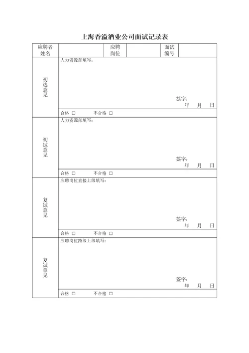 酒业公司面试记录表