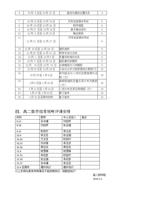 高二上学期数学教学计划及进度表(共3页)