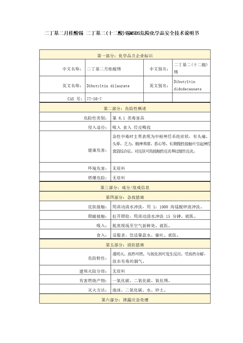 二丁基二月桂酸锡二丁基二十二酸锡MSDS危险化学品安全技术说明书