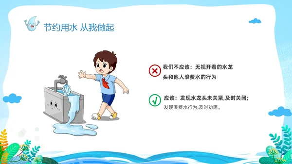 蓝色卡通儿童节约用水你我同行3月22日世界水日主题班会PPT