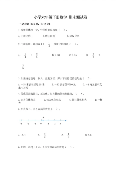 小学六年级下册数学 期末测试卷中心小学