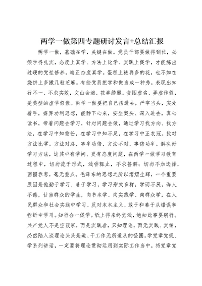 两学一做第四专题研讨致辞+总结汇报