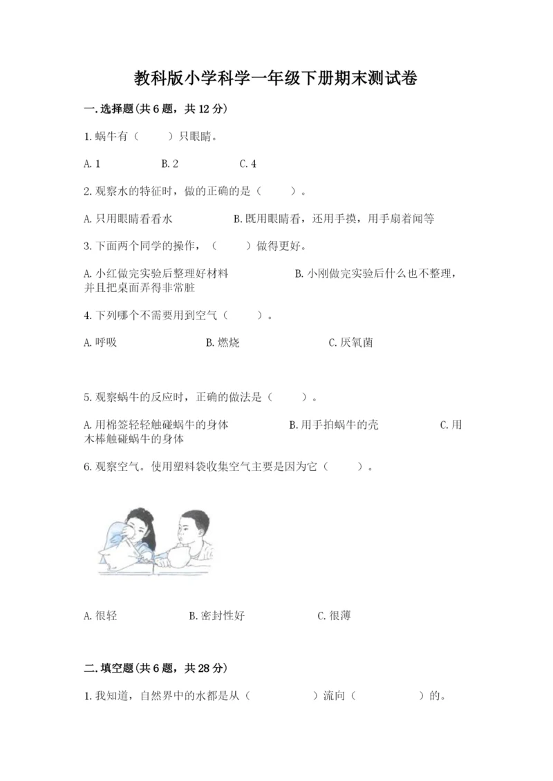 教科版小学科学一年级下册期末测试卷及答案（网校专用）.docx
