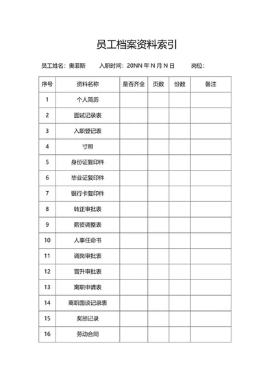 公司员工档案资料索引word模板