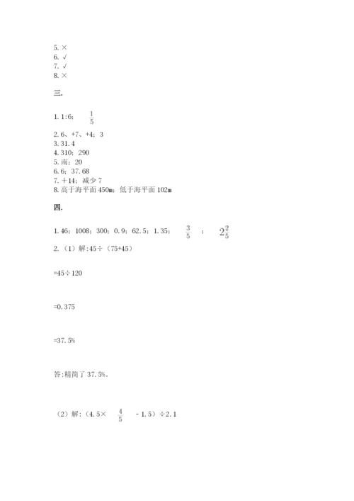 小学六年级数学期末自测题附参考答案（夺分金卷）.docx