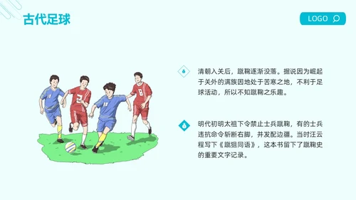 蓝色简约足球的起源与发展足球发展史PPT模板宣传PPT动态PPT