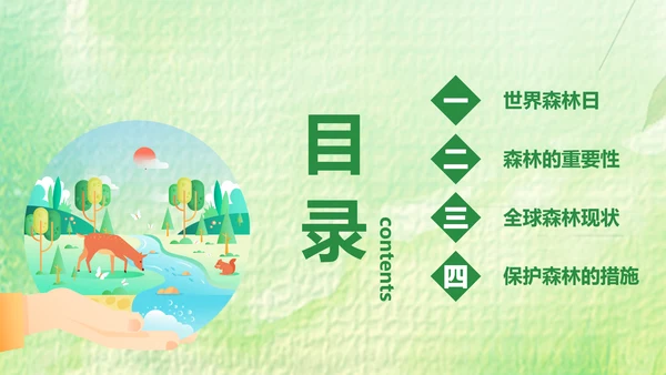 绿色卡通简约展板风世界森林日主题PPT模板