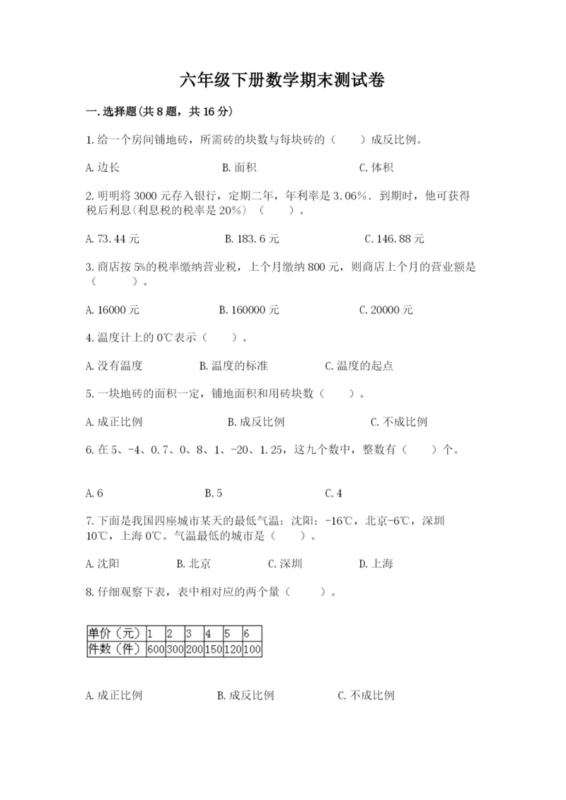 六年级下册数学期末测试卷及完整答案【考点梳理】.docx