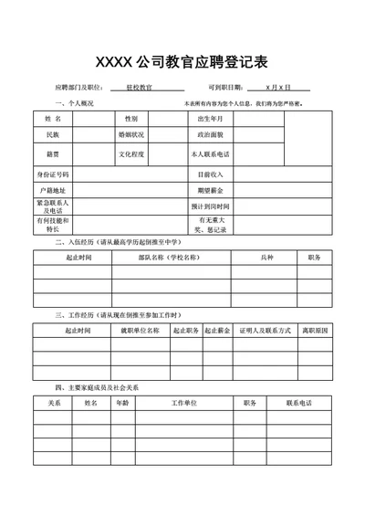 教官应聘招聘登记表