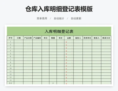 仓库入库明细登记表模版