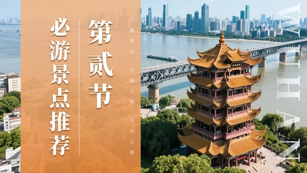 金色实景武汉旅行攻略PPT模板