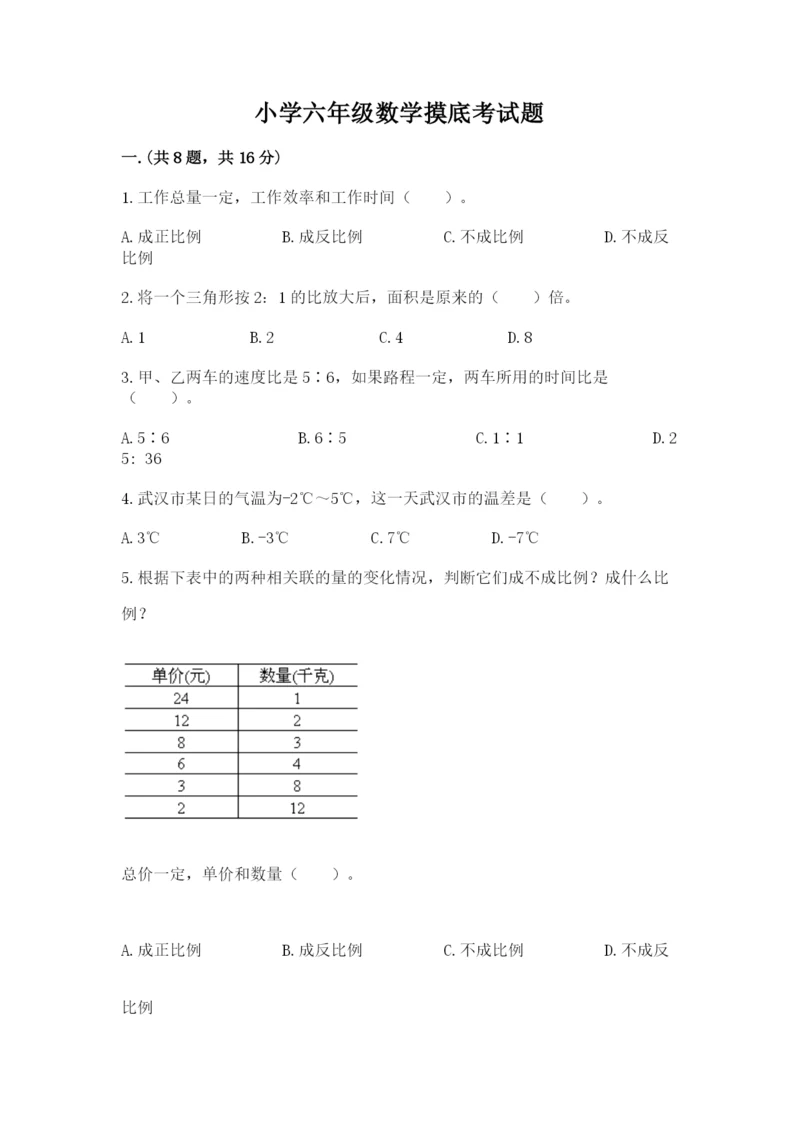 小学六年级数学摸底考试题带答案（达标题）.docx