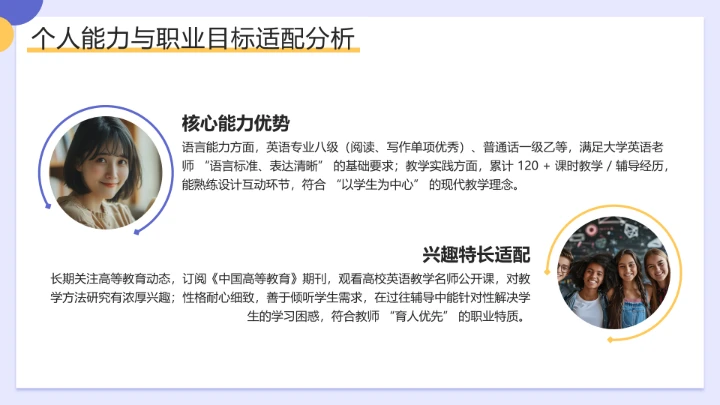 紫色简约风英语专业大学生职业生涯发展展示（大学英语老师方向）PPT模板