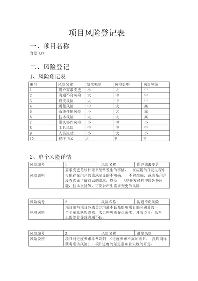 项目风险登记表