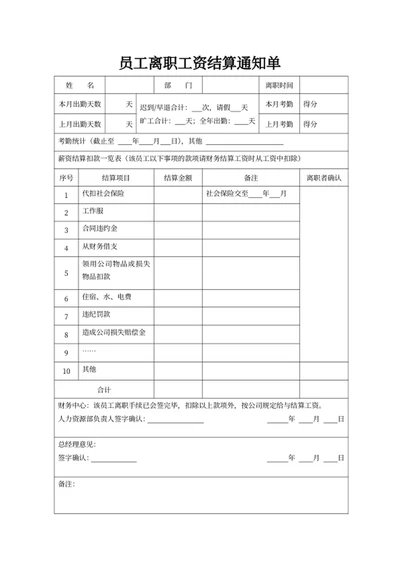 员工离职工资结算通知单