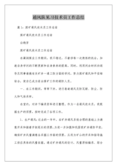 通风队见习技术员工作总结