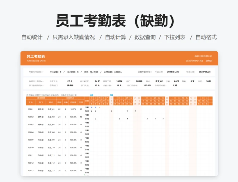 员工考勤表（缺勤）