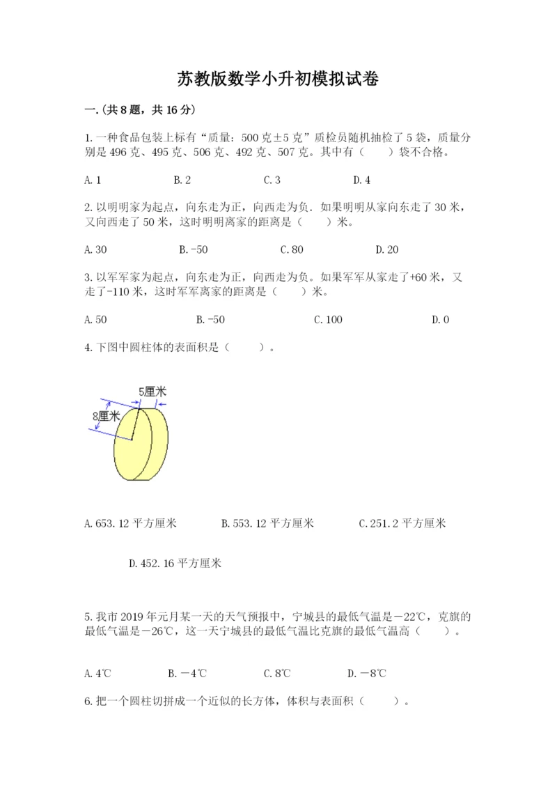 苏教版数学小升初模拟试卷精品（易错题）.docx