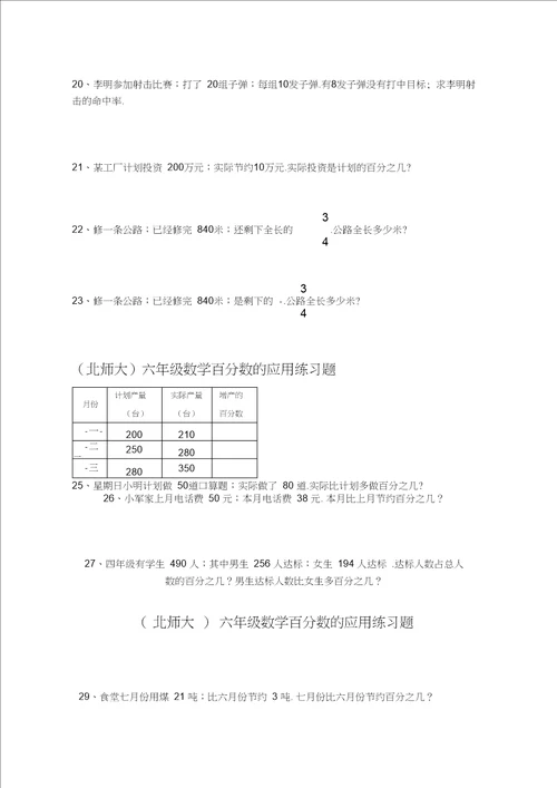 北师大六年级数学百分数的应用练习题