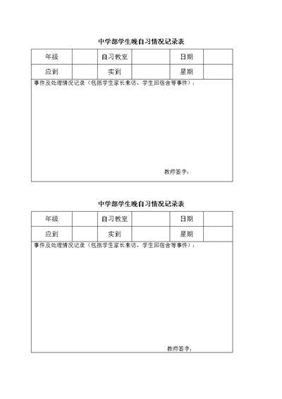 中学部学生晚自习情况记录表(共2页)