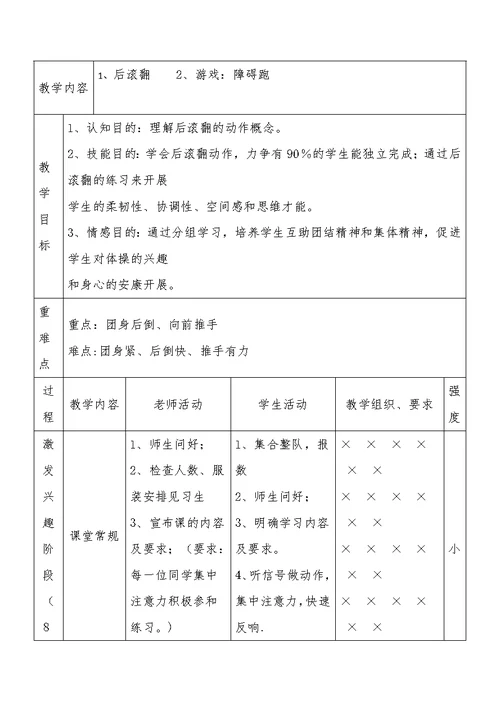 教学内容后滚翻 2、游戏：障碍跑教