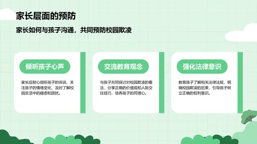绿色插画风预防校园欺凌，共建安全校园PPT模板