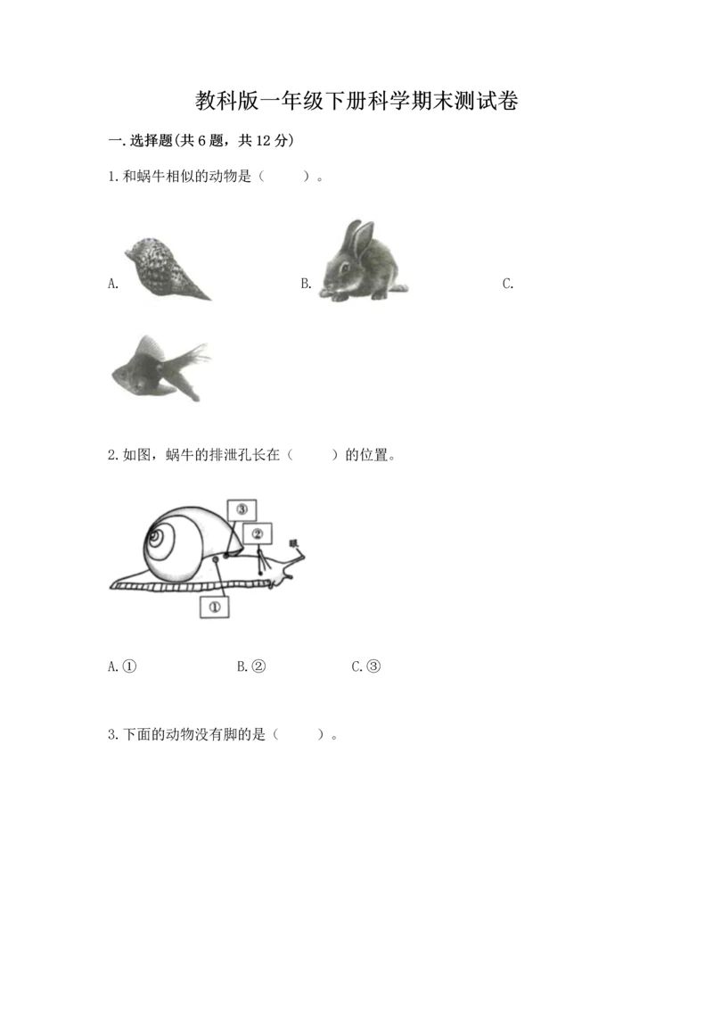 教科版一年级下册科学期末测试卷含答案【精练】.docx