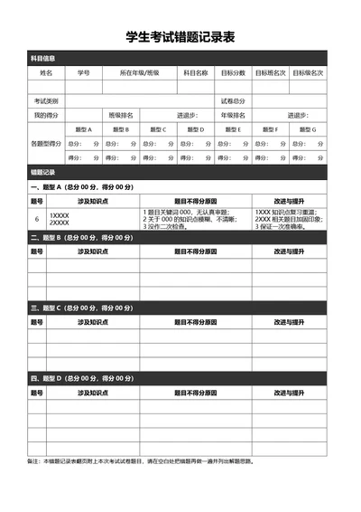 简约蓝色学生考试错题记录表