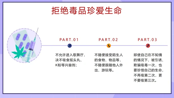 卡通紫色珍爱生命远离毒品主题班会带内容PPT模板