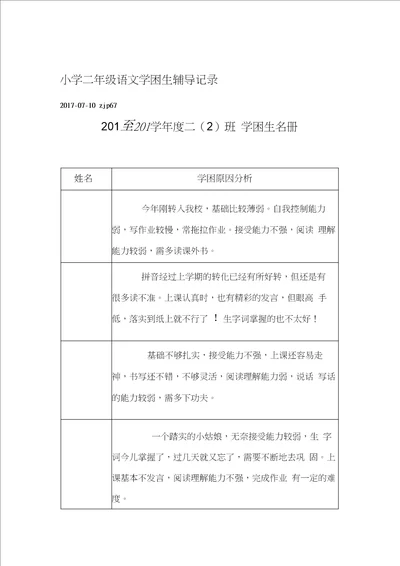 完整小学二年级语文学困生辅导记录
