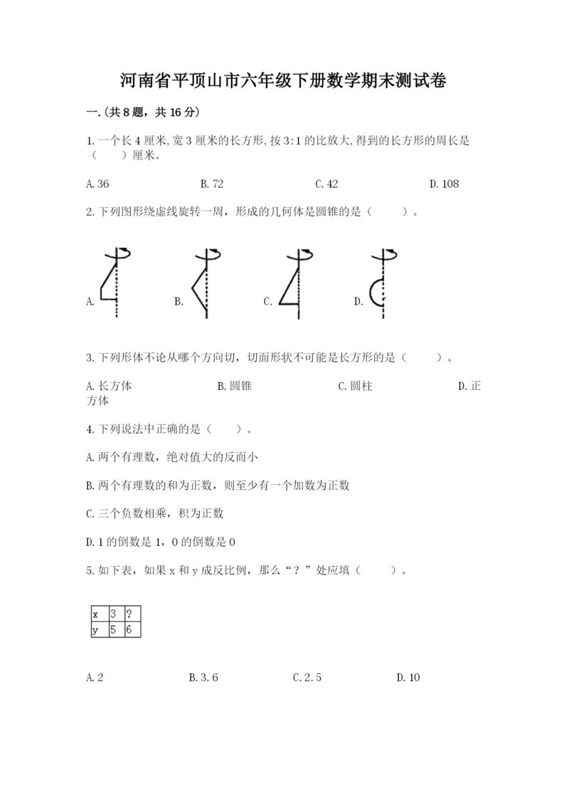 河南省平顶山市六年级下册数学期末测试卷精品（模拟题）.docx