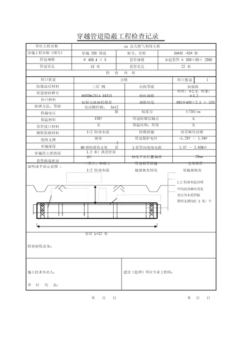 穿越管道隐蔽工程检查记录