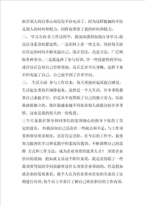 xx年企业新员工试用期工作总结