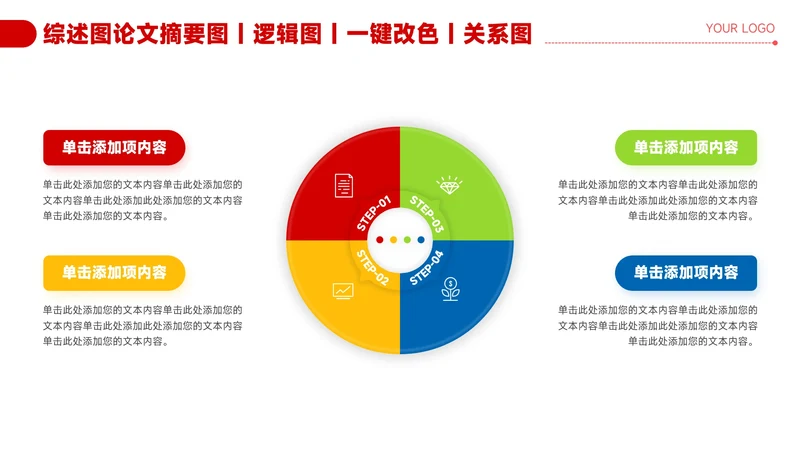 红色简约风4项圆形关系图PPT