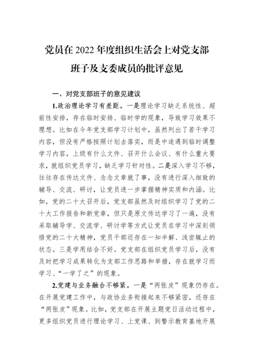 【组织生活会】党员在2022年度组织生活会上对党支部班子及支委成员的批评意见.docx