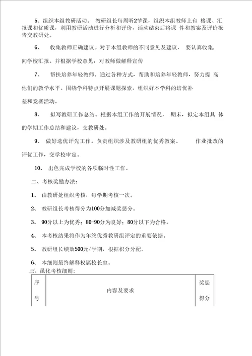 教研组长工作职责及量化考核细则