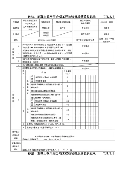 砂浆溷凝土找平层分项工程检验批质量验收记录TJ4