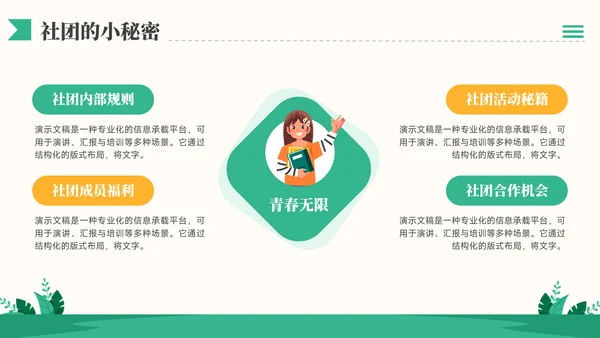 黄绿色插画风社团招新社团介绍通用模板PPT模板
