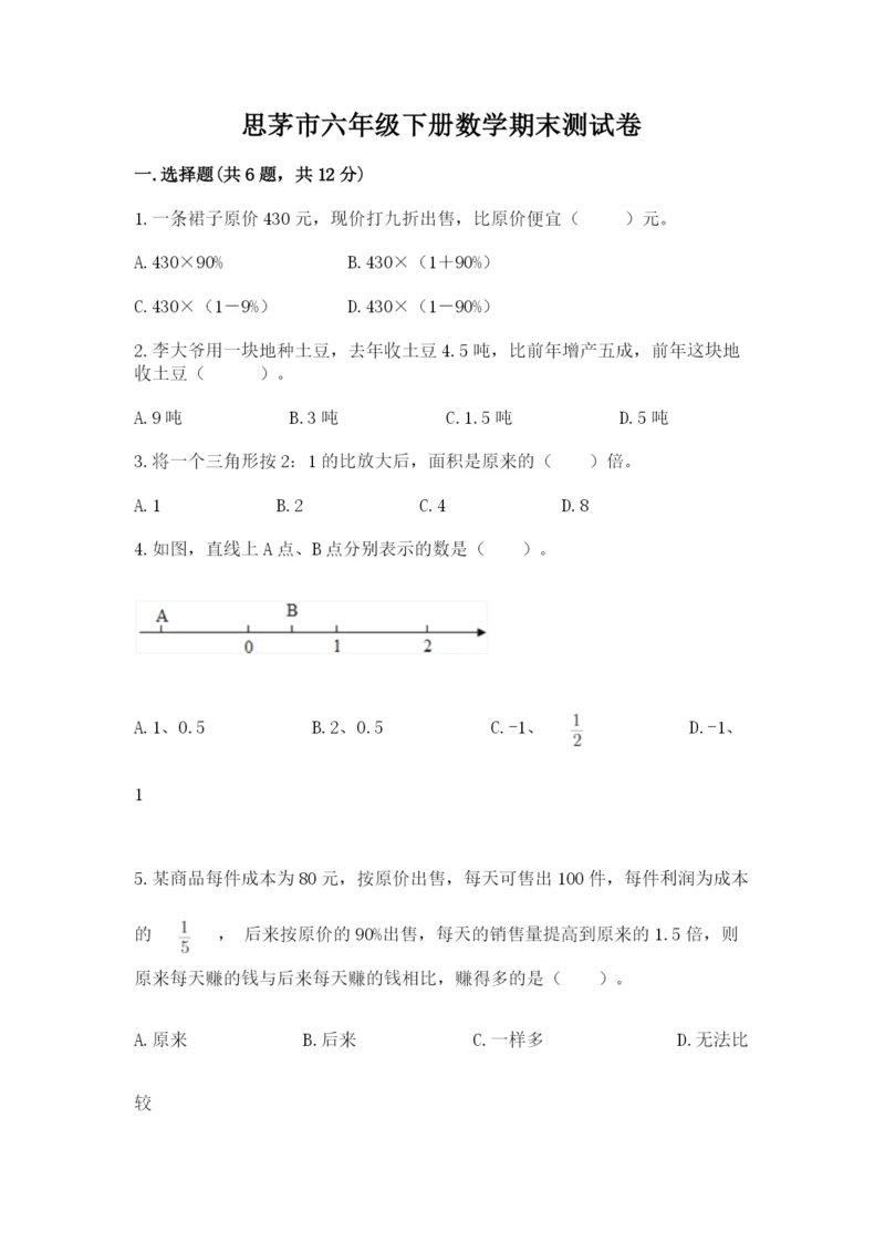 思茅市六年级下册数学期末测试卷审定版.docx