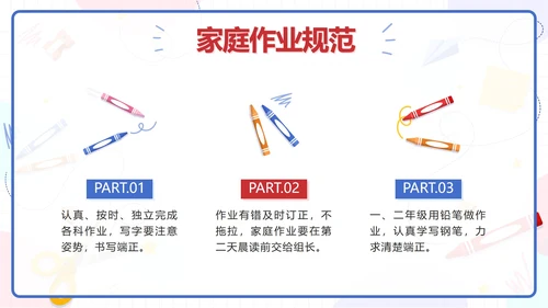 蓝色卡通文具小学生行为规范教育带内容PPT模板