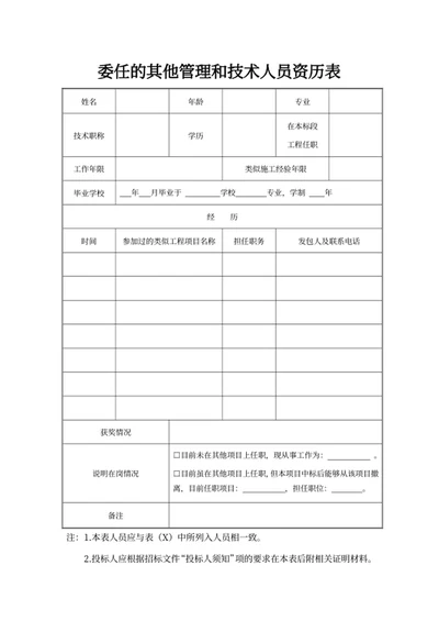 委任的其他管理和技术人员资历表