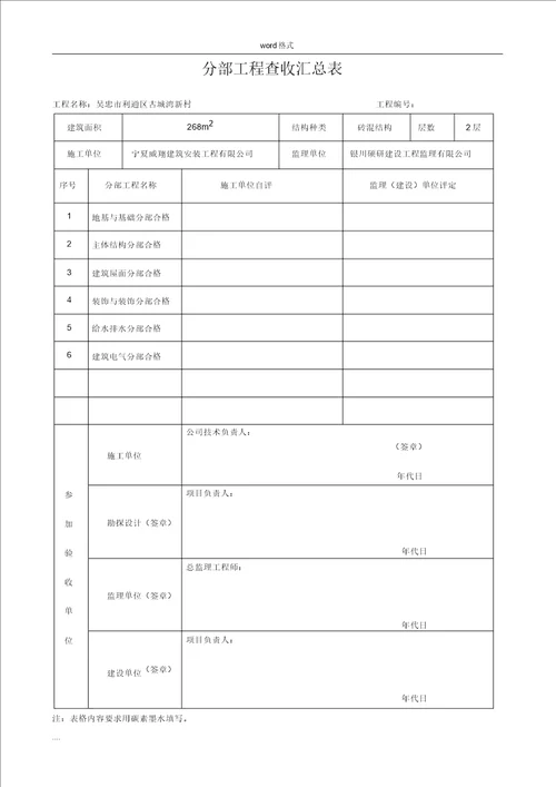 分部工程验收汇总表格