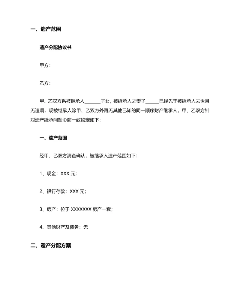 遗产分配协议书(范本)
