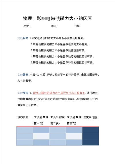 影响电磁铁磁力大小的因素实验报告