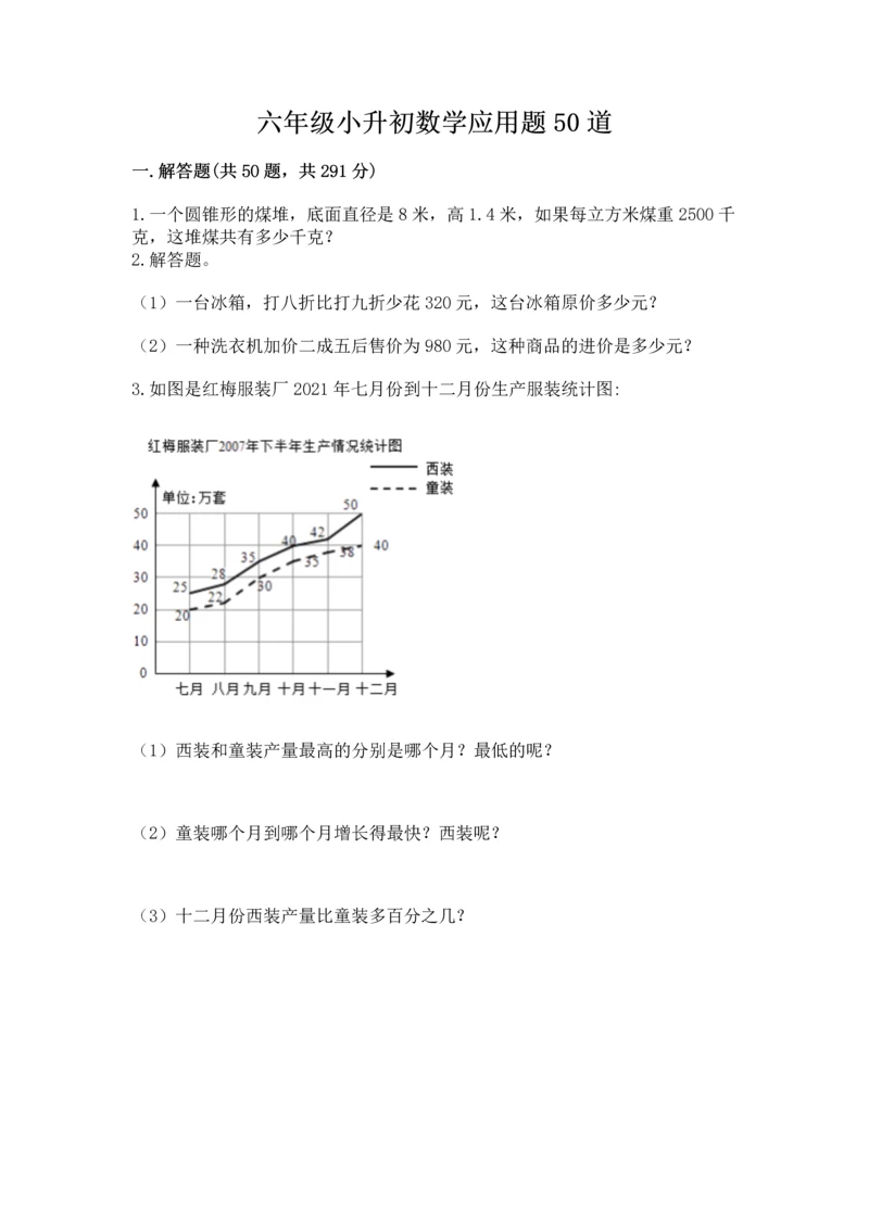 六年级小升初数学应用题50道含答案【研优卷】.docx