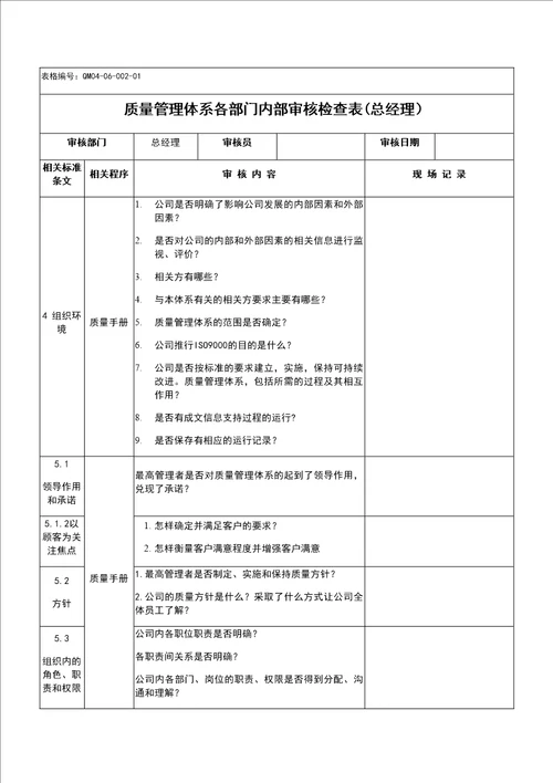 质量管理体系各部门内部审核检查表总经理