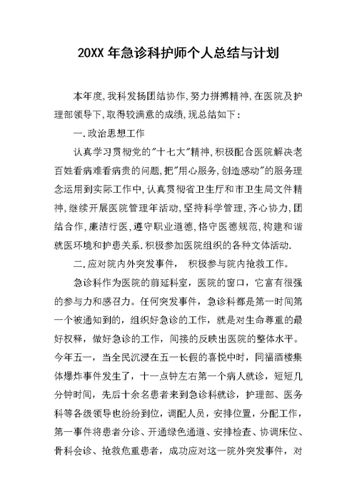 20XX年急诊科护师个人总结与计划