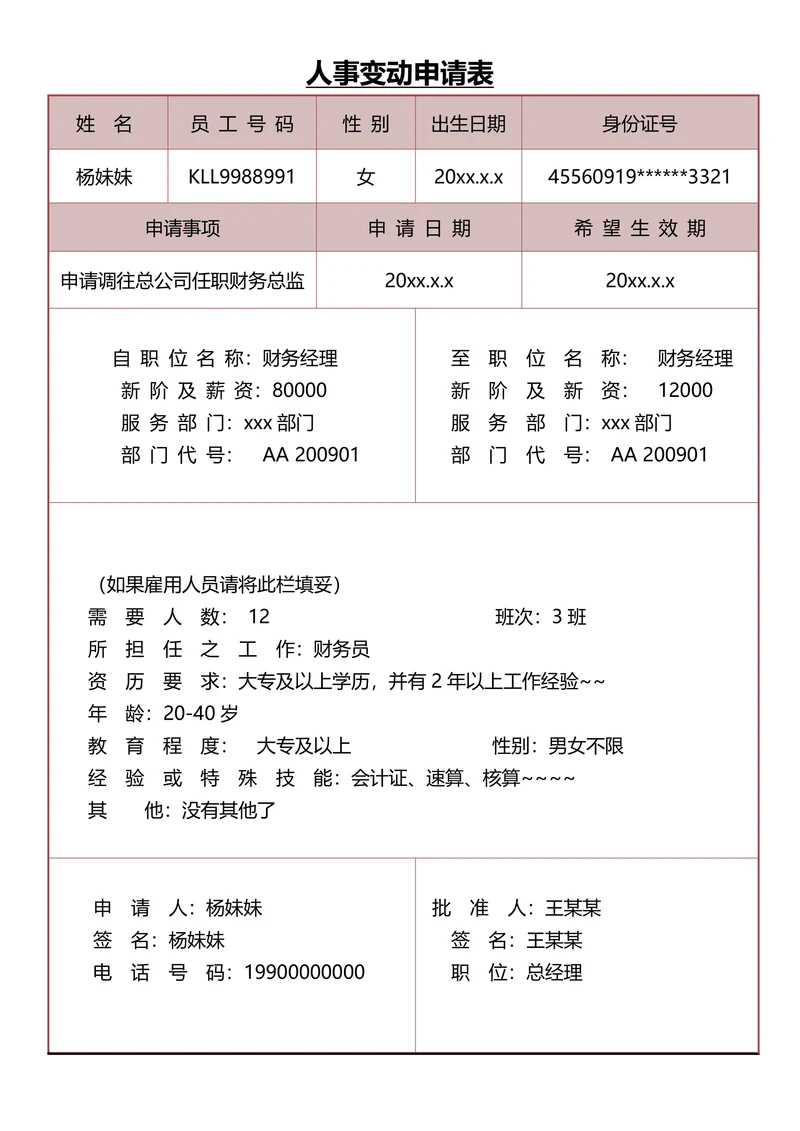 人事变动申请表