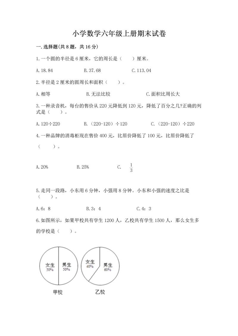 小学数学六年级上册期末试卷附答案【培优a卷】.docx