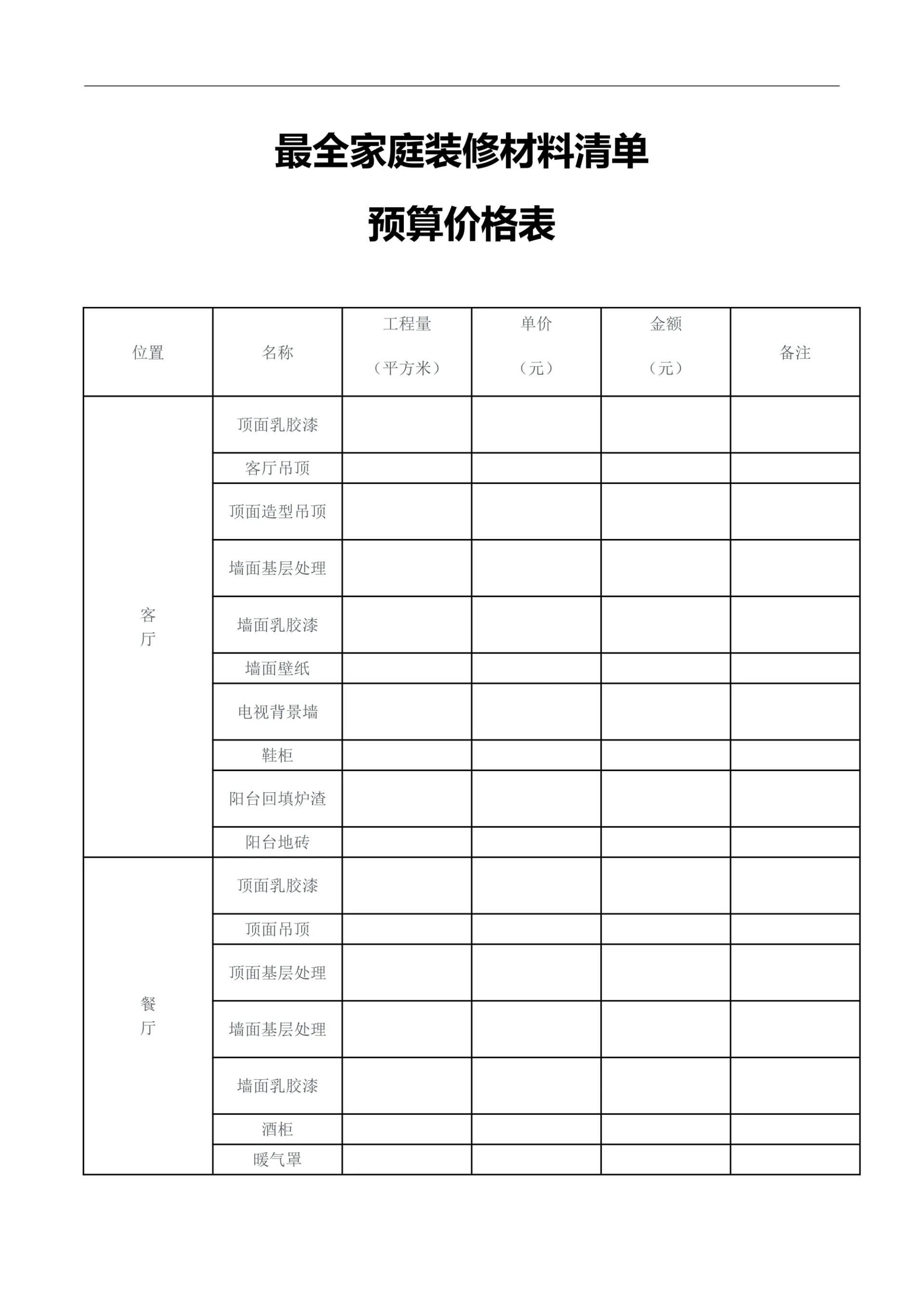 家修材料清单预算价格表明细